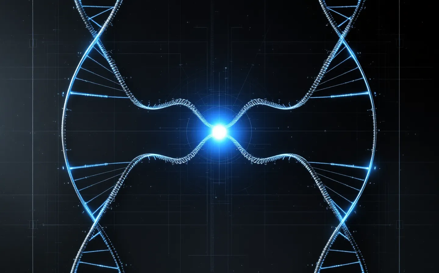 Abstract double helix of helix-blue and steel strands feeding one shared node flanked by two receptor rosettes on gunmetal